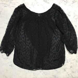 BCX Black Sheer 3/4 Sleeve Bow Blouse Top Shirt
